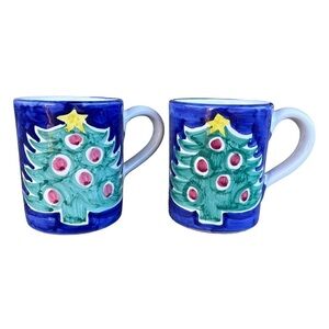 Starbucks Italy Hand Painted Christmas Tree North Star Coffee Mug Set Blue GUC